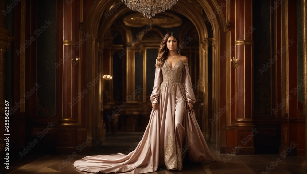 A woman in a beautiful gown standing elegantly in a grand hallway