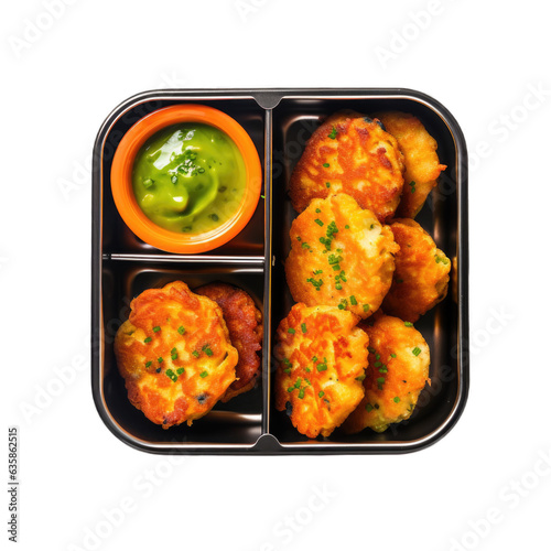 Mini veggie fritters in a lunchbox top view isolated on transparent background. Generative AI