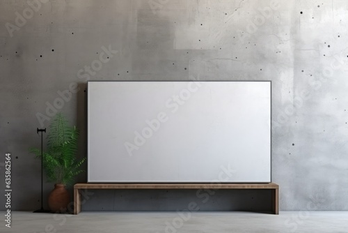 Blank white screen television mounted on concrete living room wall with space for text.