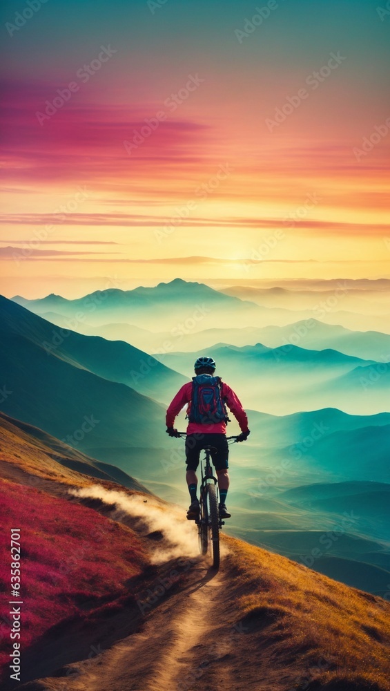 Fototapeta premium A man riding a bike down a scenic dirt road