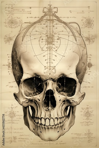 Human skull drawing sketch. Anatomy and medical concept. Poster, artwork design. Generative Ai