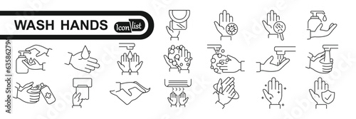 Hand washing line icon set. Included icons as wash, tissue paper, cleaning, hand dryer, soap, wipe, sanitary and more.