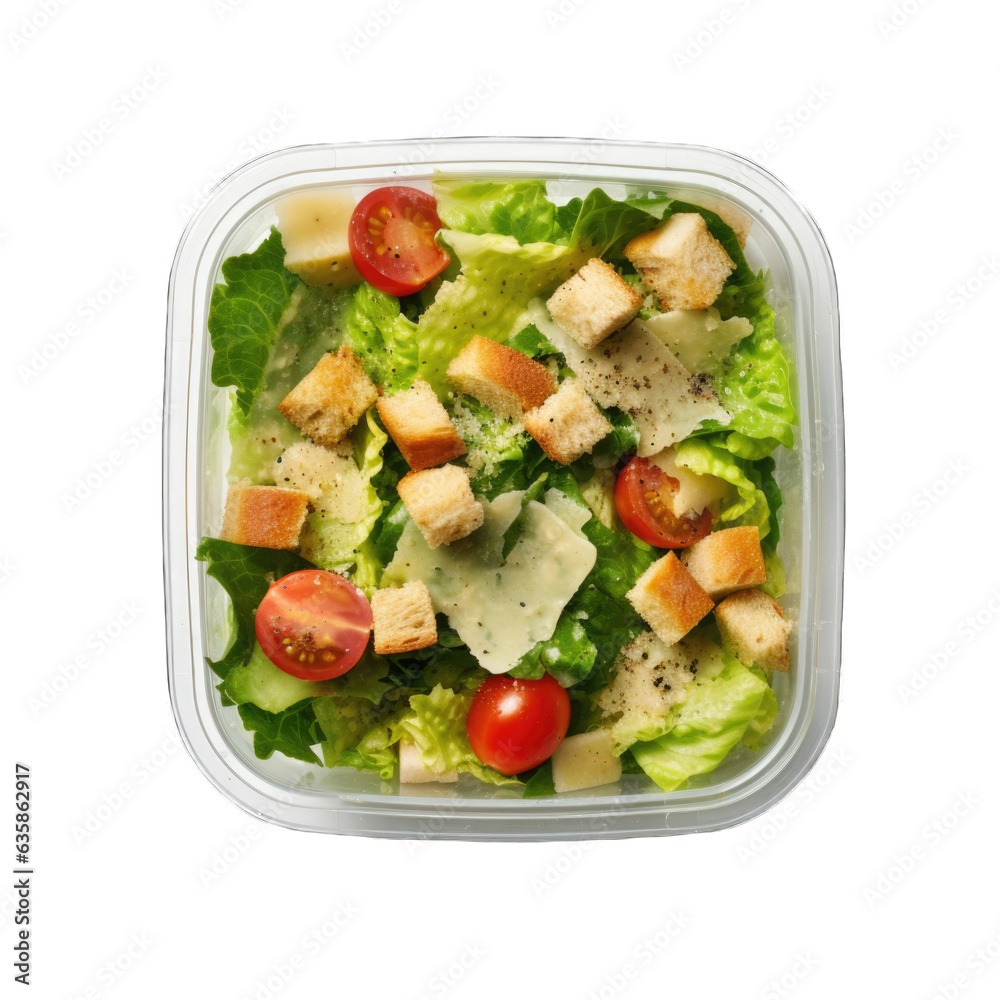 Caesar salad in a container in a lunchbox top view isolated on transparent background. Generative AI Caesar salad in a container in a lunchbox top view isolated on transparent background. Generative AI