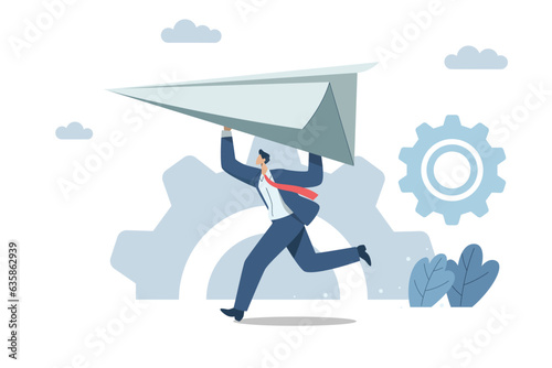 New project launch or starting a new business, burdened and a great duty, requires inspiration and creativity. Businessman running throwing a big paper plane, Vector design illustration.