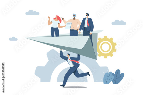 Business leaders or experts provide advice, advice to employees. or beginner successful business development, Businessman manager launches paper plane with teammates.
