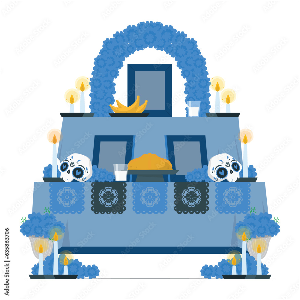 Skull on colorful traditional Day of the Dead ofrenda. Day of the Dead