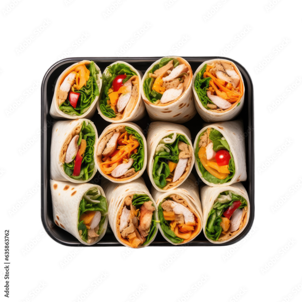Mini chicken wraps in a lunchbox top view isolated on transparent background. Generative AI Mini chicken wraps in a lunchbox top view isolated on transparent background. Generative AI