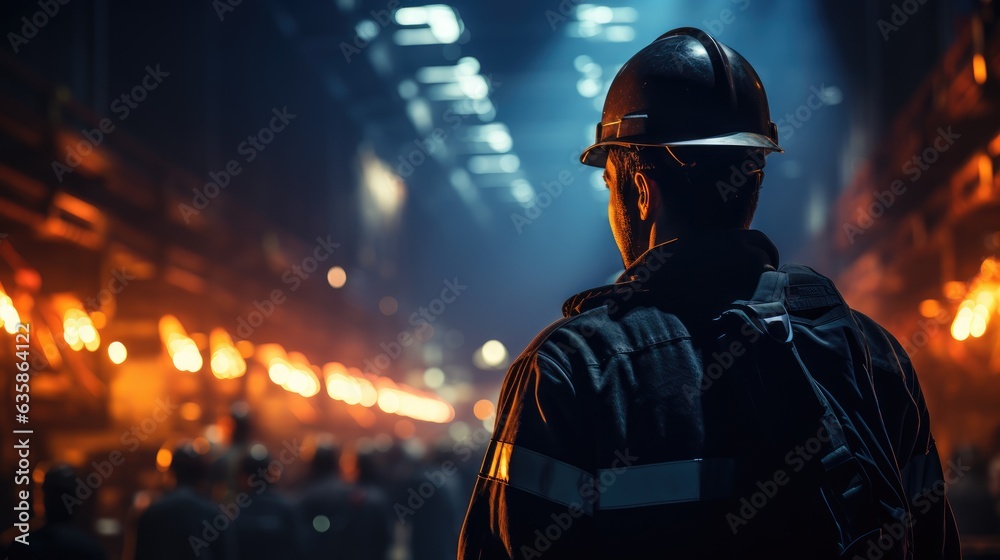 Sillhouette of a industry worker profile picture, with white helmet. orange and blue lights in the back Sillhouette of a industry worker profile picture, with white helmet. orange and blue lights in the back