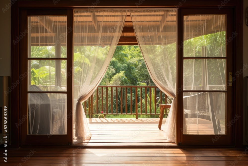 Fototapeta premium Focus on mosquito net screen door on wooden floor.