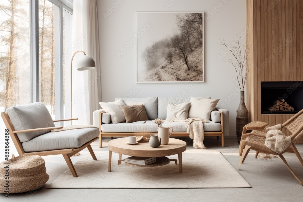 Scandinavian style living room with natural furniture in a home interior setting. - obrazy, fototapety, plakaty 