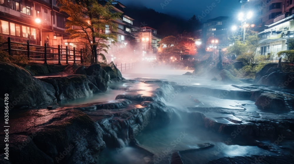 Yubatake Hot spring in the middle of Kusatsu Onsen town in Gunma, Japan generative ai - obrazy, fototapety, plakaty 