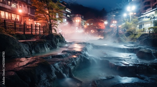 Yubatake Hot spring in the middle of Kusatsu Onsen town in Gunma, Japan generative ai © Chingiz