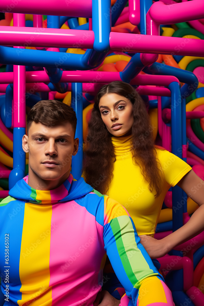 Athletic couple posing in the gym in beautiful colorful outfits Athletic couple posing in the gym in beautiful colorful outfits