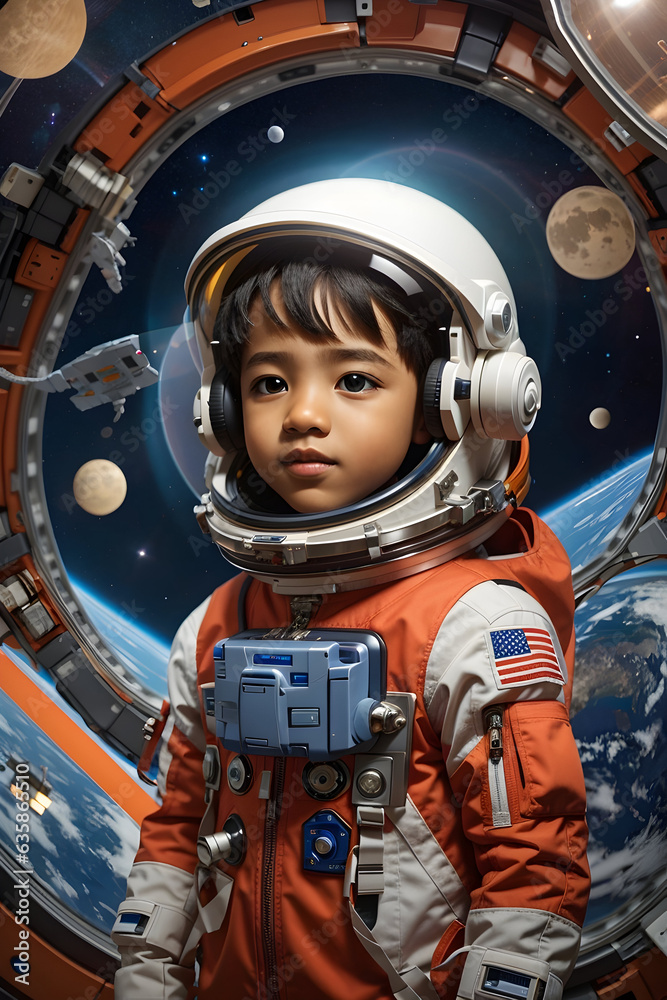 Astronaut boy, inside the spaceship, in space, with astronaut suit Astronaut boy, inside the spaceship, in space, with astronaut suit