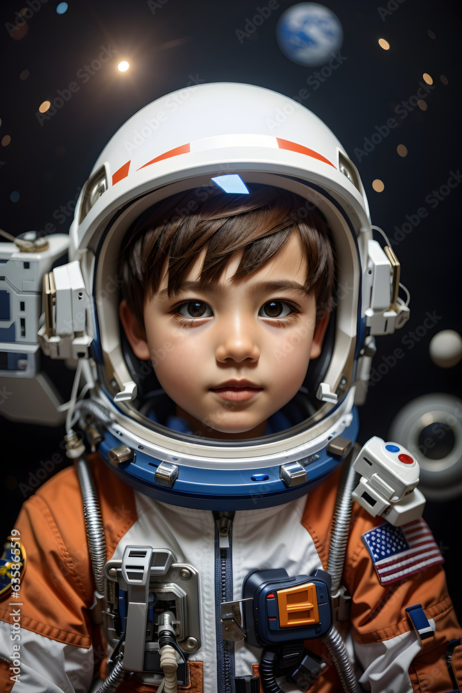 Astronaut boy, inside the spaceship, in space, with astronaut suit Astronaut boy, inside the spaceship, in space, with astronaut suit