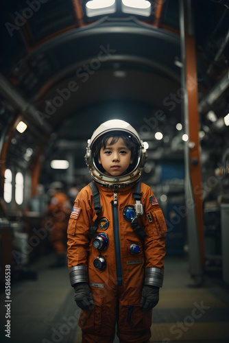 Astronaut boy, inside the spaceship, in space, with astronaut suit