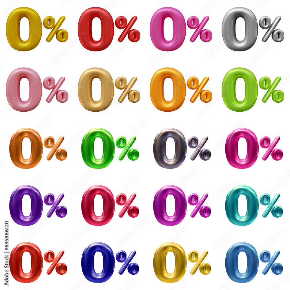 Set of 0 percent in 3d rendering isolated on transparent background for discount, promotion and sale concept
