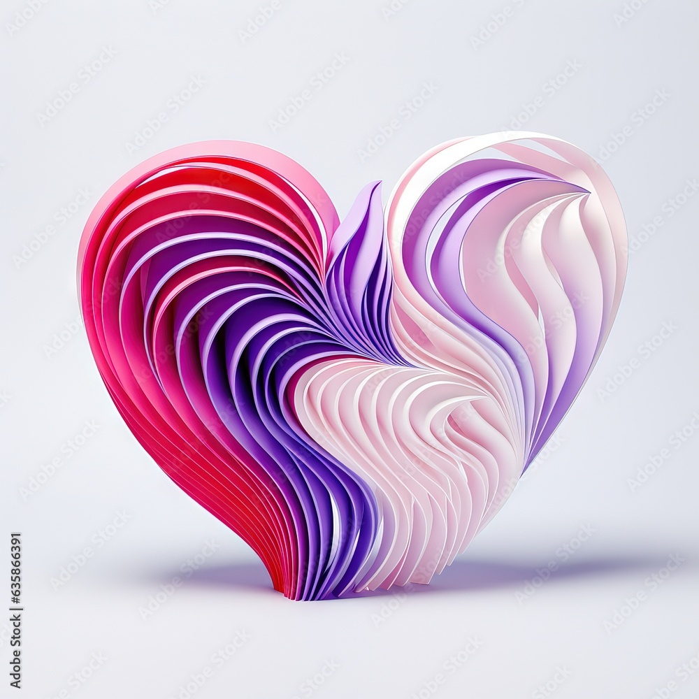 pink and purple heart made out of paper, in the style of intricately sculpted