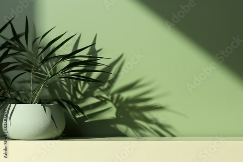 Modern minimal empty matte green counter table top, bamboo palm tree in sunlight, leaf shadow on green wall background. generative ai.