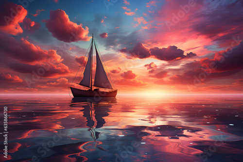 A sailing boat glides gracefully on reflective, calm waters during a breathtaking sunset. The beautiful clouds adorn the pink sky, creating a scene of serenity and natural splendor. 