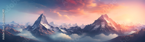 A panoramic view captures the enchanting sunset over majestic mountains. The warm colors of the setting sun paint the sky, casting a golden glow on the rugged peaks. 