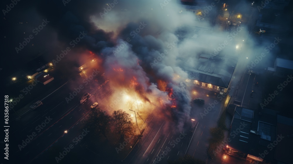 Photo of a fire engulfing a building from an aerial perspective