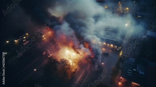 Photo of a fire engulfing a building from an aerial perspective