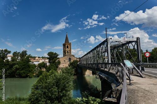 the town of Sangüesa with its metallic bridge, in Navarra. Spain