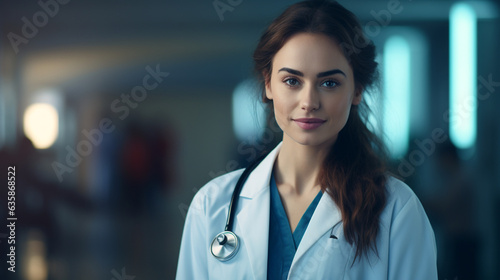 A portrait of a female doctor in a modern hospital environment, her stethoscope casually draped over her arm, symbolizing her dedication to healing, wide banner with copy space