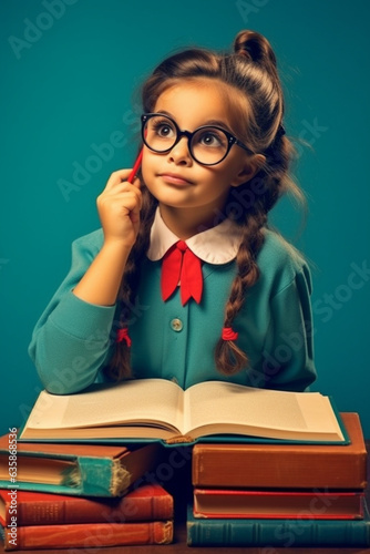 Adorable Smart Girl with Glasses Holding a Stack of Books on Blue Background - AI generated