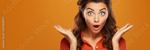 A portrait of an impressed woman gesturing towards an offer with a surprised expression, set against a warm coral background, wide banner with copy space area Generative AI photo