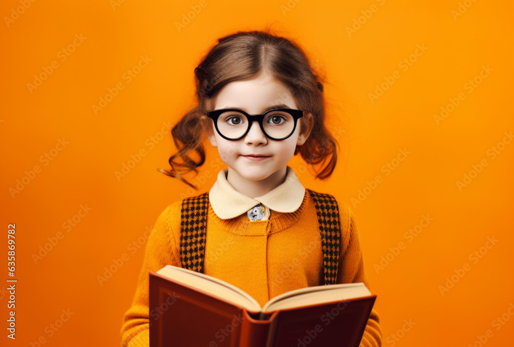 Adorable Smart Girl with Glasses Holding a Book in Hand on Orange Background - AI generated Adorable Smart Girl with Glasses Holding a Book in Hand on Orange Background - AI generated