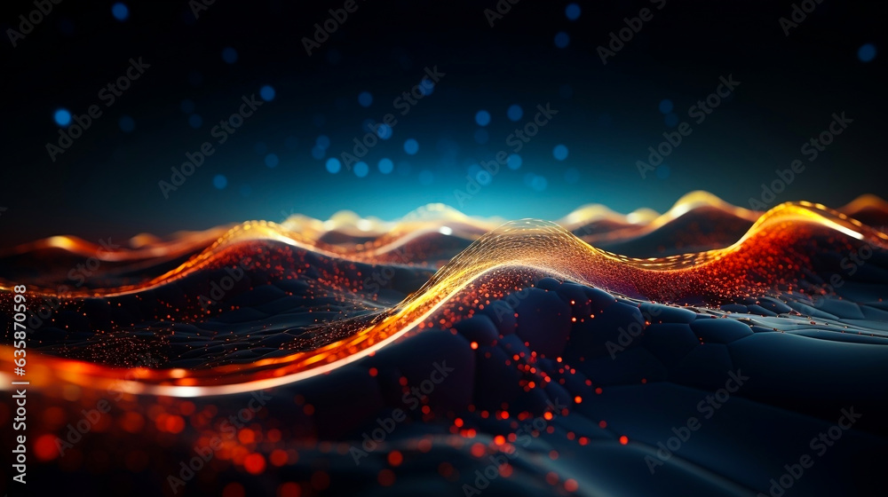 An impressive 3D rendering that features a dynamic wave abstract background. Network and big data concept. An impressive 3D rendering that features a dynamic wave abstract background. Network and big data concept.