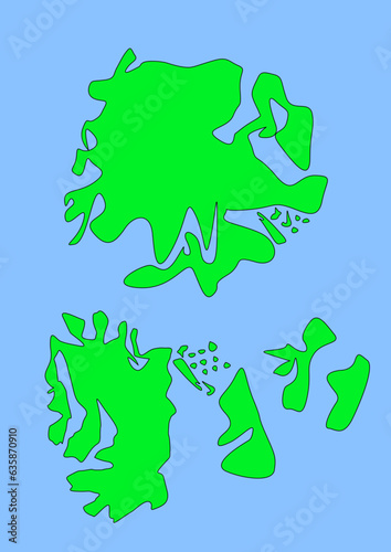 Fictional country art map with green continents, blue ocean. Map for banner, poster, print, cover or wall decoration. Imaginary world.