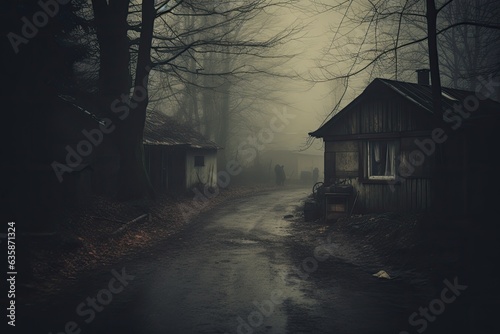 Scary house in the misty forrest, Apply a lens with a sepia tone effect for a nostalgic vibe. Generative AI