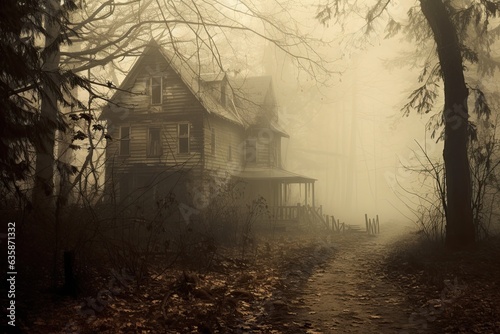 Scary house in the misty forrest, Apply a lens with a sepia tone effect for a nostalgic vibe. Generative AI