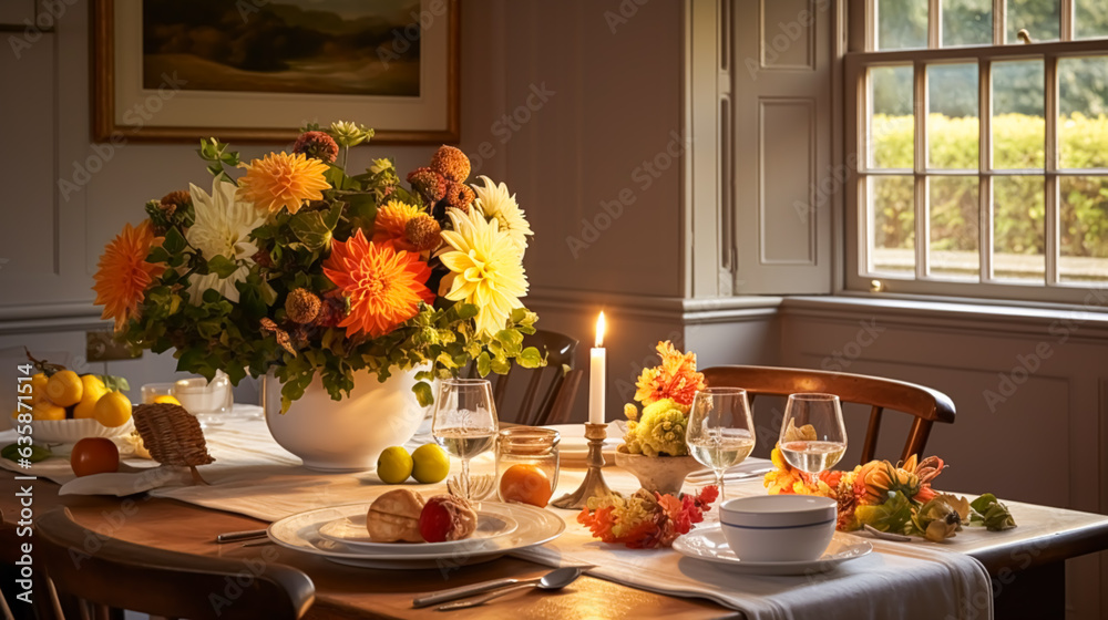 Dining room decor, interior design and autumn holiday celebration, elegant autumnal table decoration with candles and flowers, home decor and country cottage style