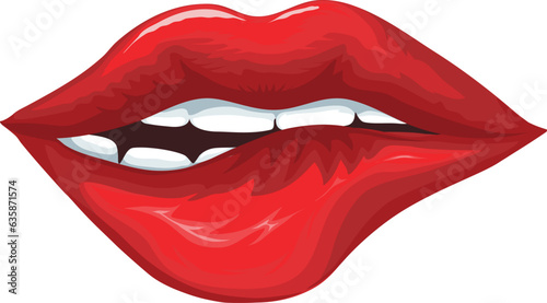 Sexy red lips, biting lip. Vector illustration. 
