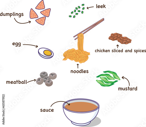 Tasty noodles menu infographic. Ingredients for making delicious chicken noodles with meatballs and dumplings