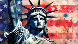A creative digital artwork that blends the United States flag with elements of American culture and history.