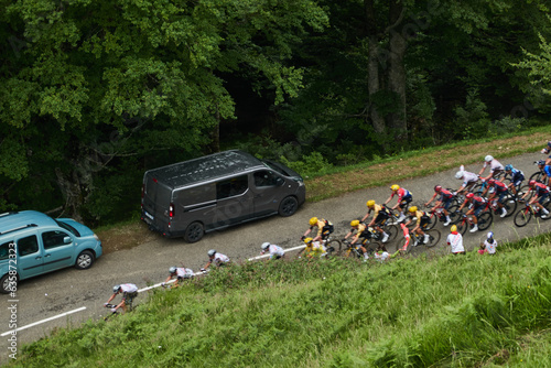 The cyclists of the Tour de France peloton is recorded by the French television helicopter during the ascent to Col de Soudet, in the French Pyrenees region