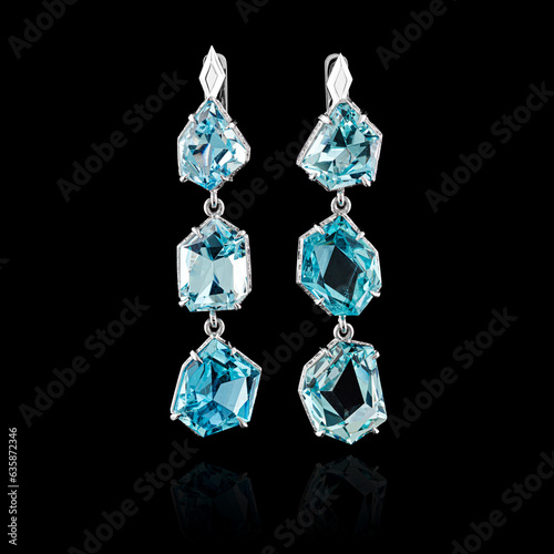 Bild auf Leinwand beautiful white gold earrings with diamonds and aquamarine on a black background