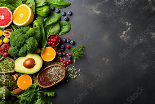 healthy food products on a gray background with space for text