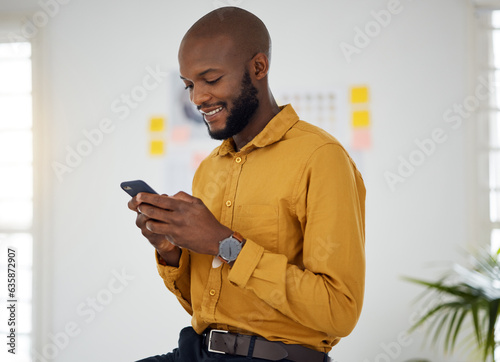 Business, black man and typing on smartphone in office for social network, mobile website and internet contact. Happy worker scroll on cellphone chat, reading news app and notification of information