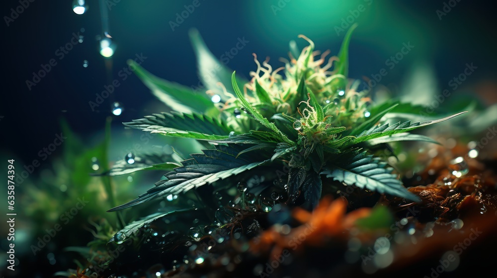 A close - up of a cannabis leaf, glistening with trichomes, with a backdrop of various herbs, fruits, and essential oils. Medium: Photography. Style: Ultra - realistic, with a focus on the intricate d