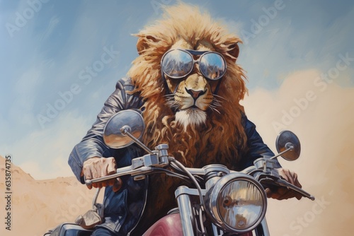Motorcyclist lion, Biker, Rider, Motorcycle, Motorbike, American, USA, Sunglasses, Wallpaper. KING RIDER! Biker lion with mirrored sunglasses on the road, blue sky. Leather dress. Dust on his way