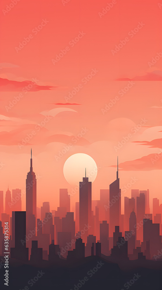 Peach and apricot color gradient minimalistic cityscape silhouette skyline hd phone wallpaper, ai generated