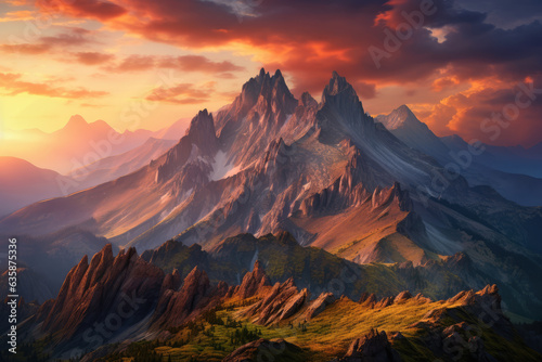 Majestic mountain range at sunset, casting vibrant hues across the horizon, ai generated.