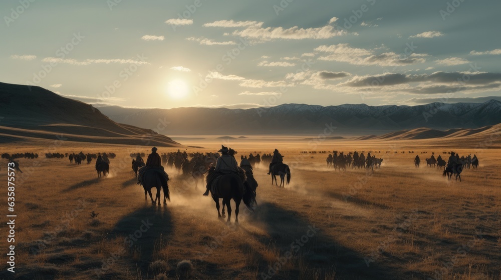 Mongolian warriors on horses going into battle