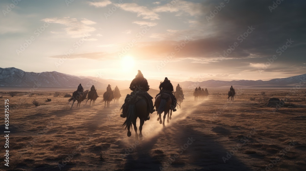 Mongolian warriors on horses going into battle - obrazy, fototapety, plakaty 